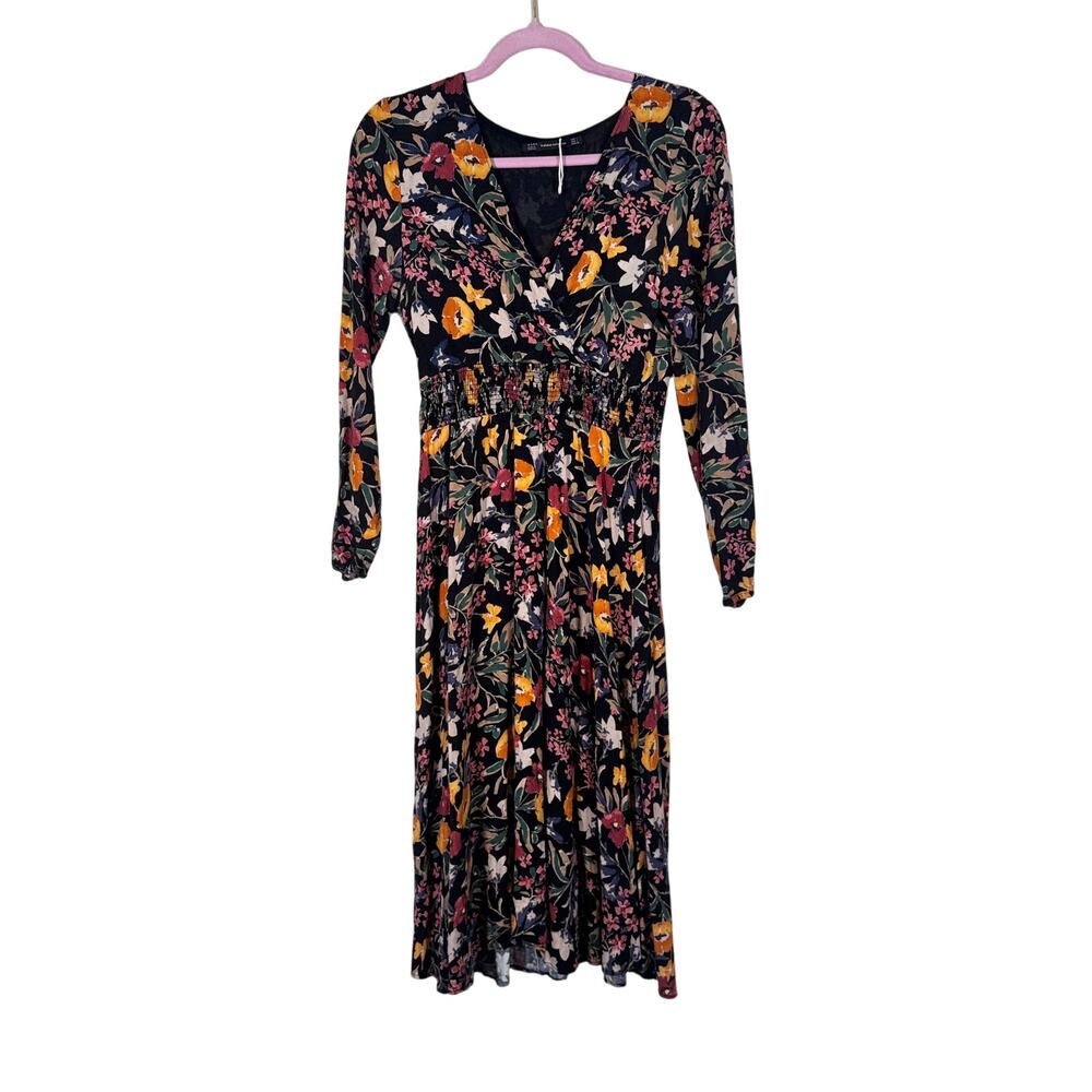 Zara Black Floral Faux Wrap Midi Dress Womens L Boho Fall Dark Florals